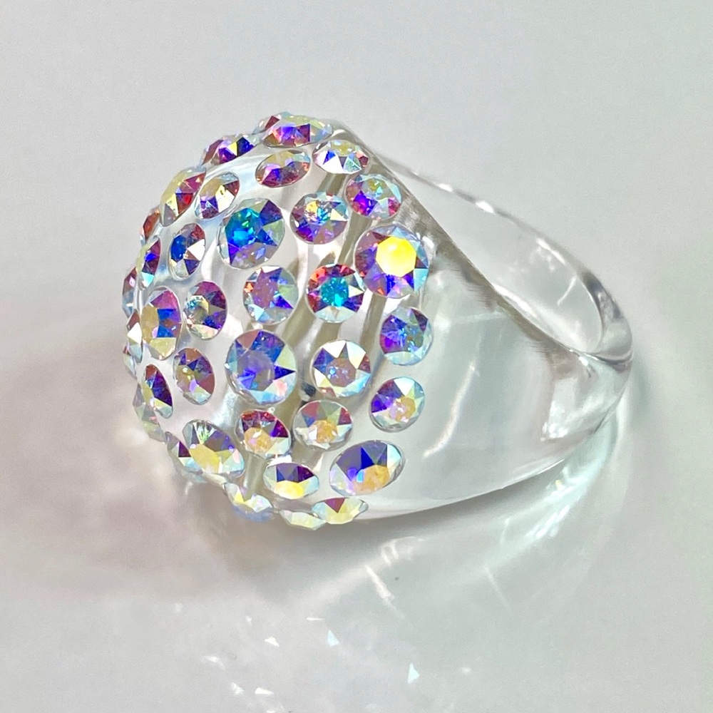 Aurora Borealis Swarovski Crystal Ring, Clear Lucite Ring, AB Crystal Dome Ring